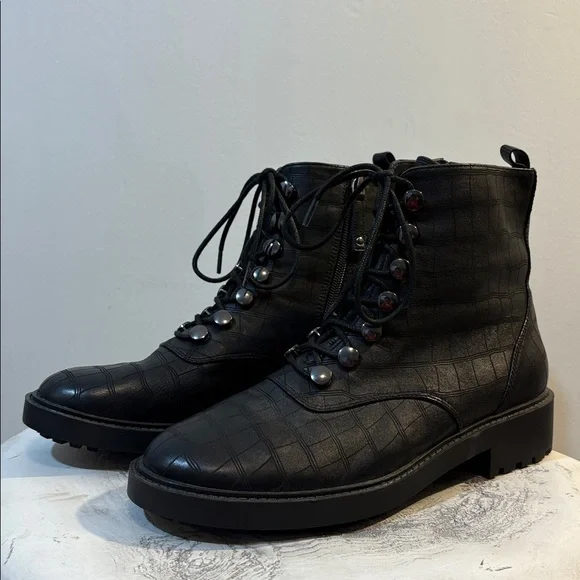 Black Lace Up Combat Style Snake / Croc Reptile Embossed Ankle Boots, size 8 - Picture 3 of 13